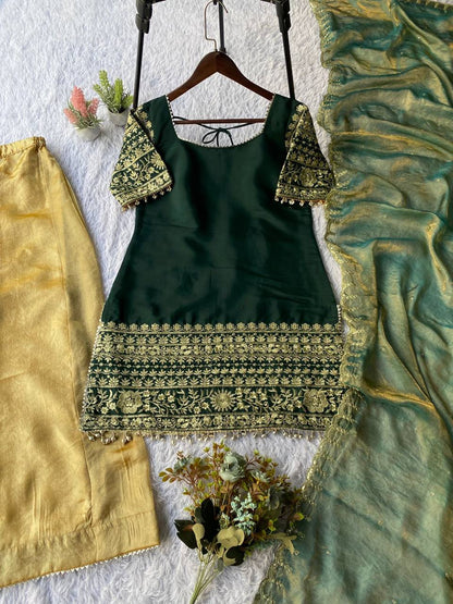 Dark green roman silk sequence embroidery top, palazzo with dupatta