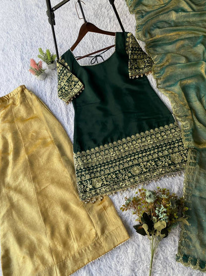 Dark green roman silk sequence embroidery top, palazzo with dupatta