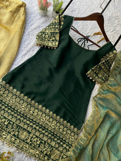 Dark green roman silk sequence embroidery top, palazzo with dupatta