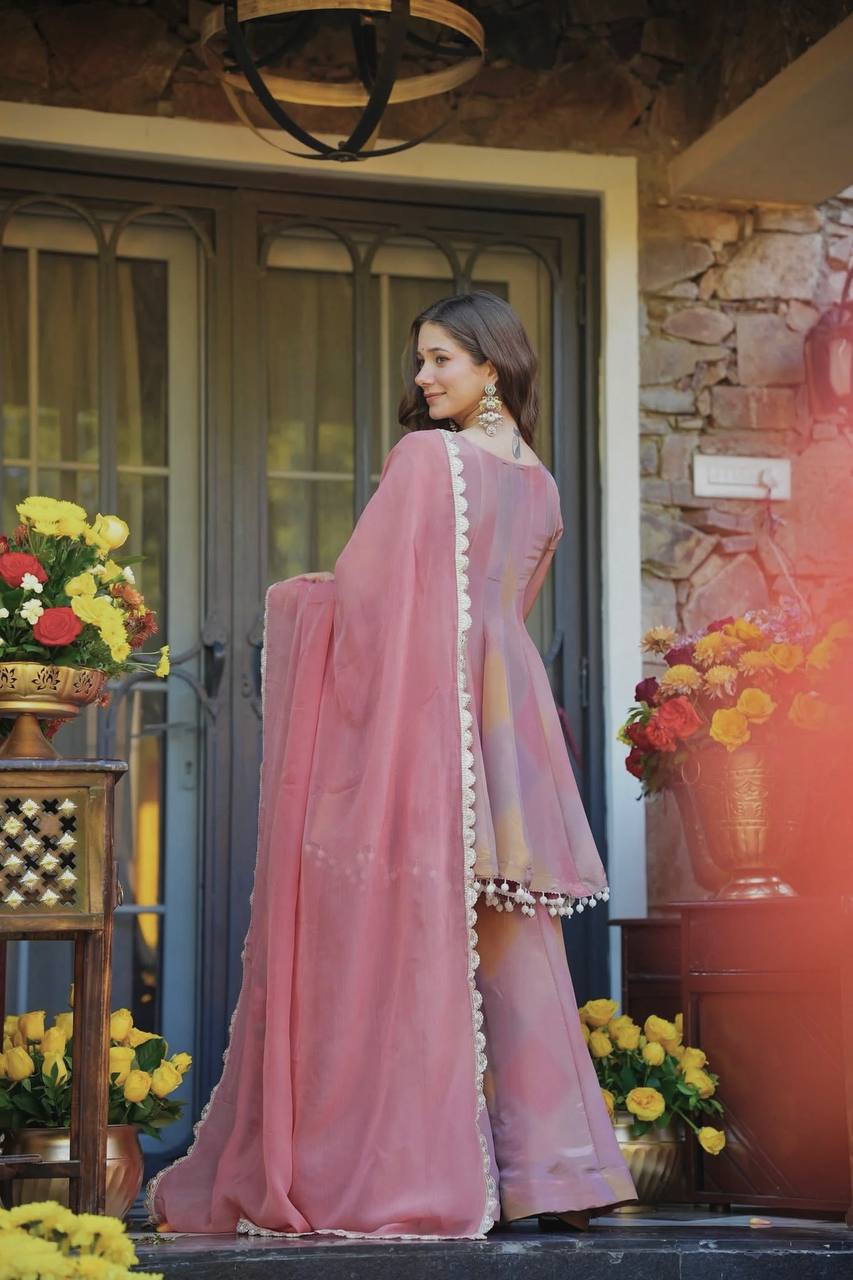 Multicolour cosmos silk thread mirror work gown-palazzo and dupatta set