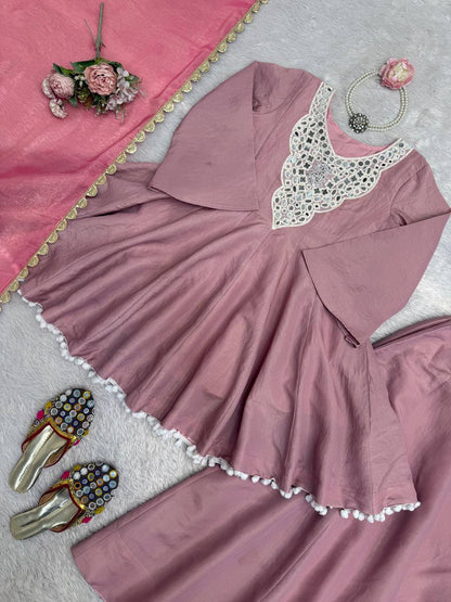 Multicolour cosmos silk thread mirror work gown-palazzo and dupatta set