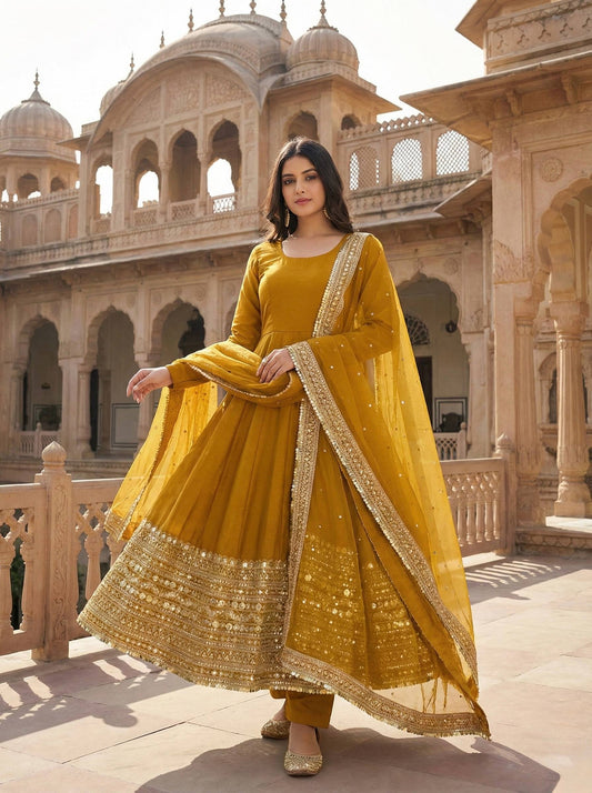 Yellow roman silk sequence work gown, bottom & dupatta set