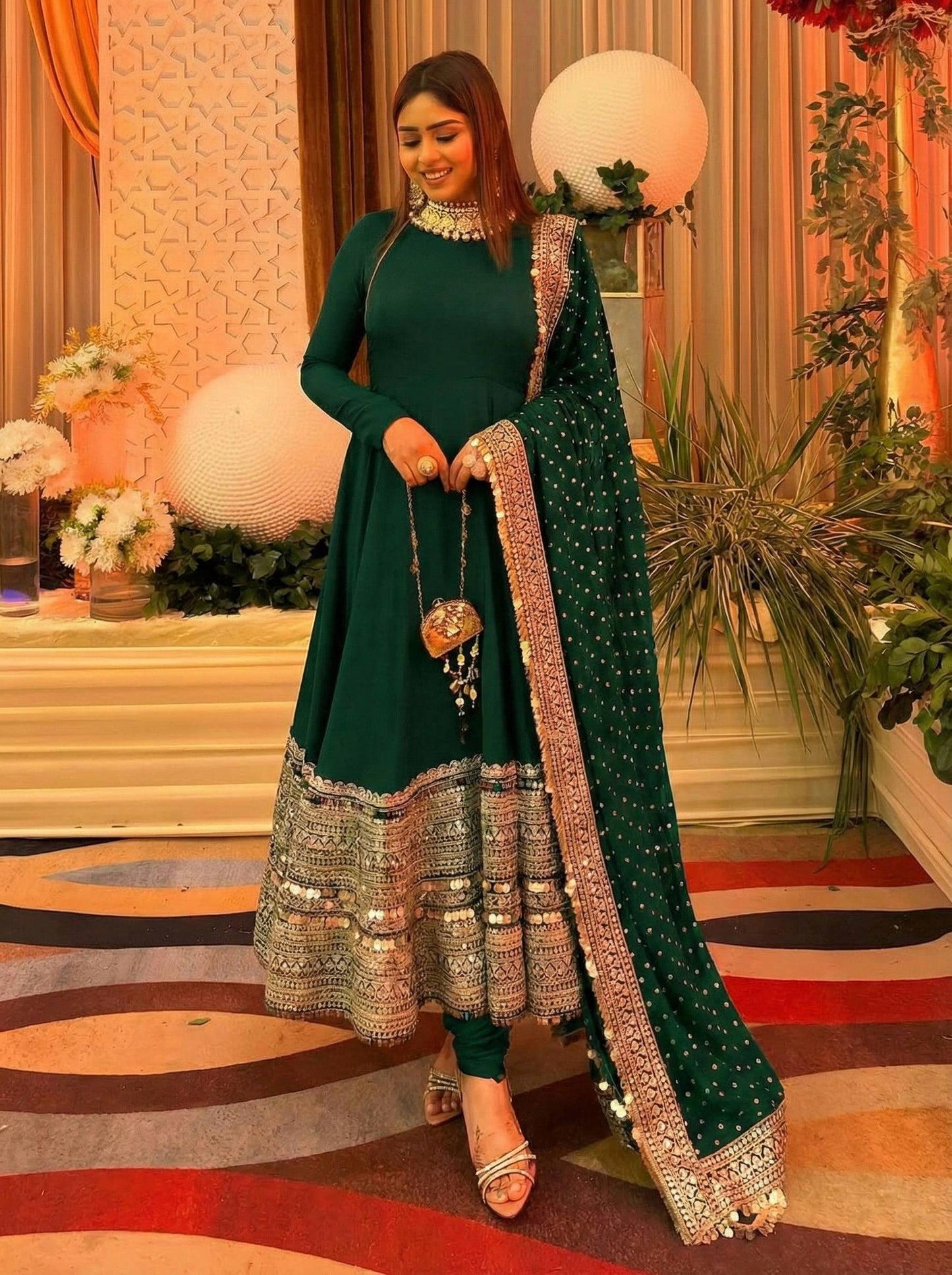 Green roman silk sequence work gown, bottom & dupatta set
