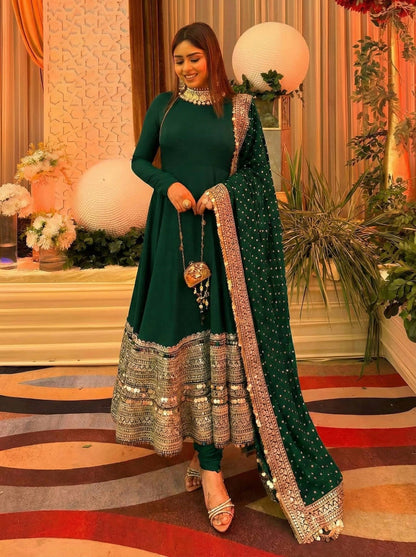 Green roman silk sequence work gown, bottom & dupatta set