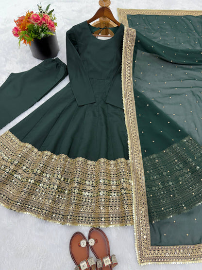 Green roman silk sequence work gown, bottom & dupatta set