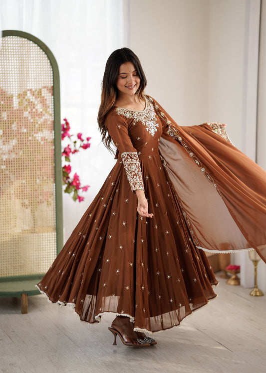 Brown blooming embroidered sequence work gown, bottom & dupatta