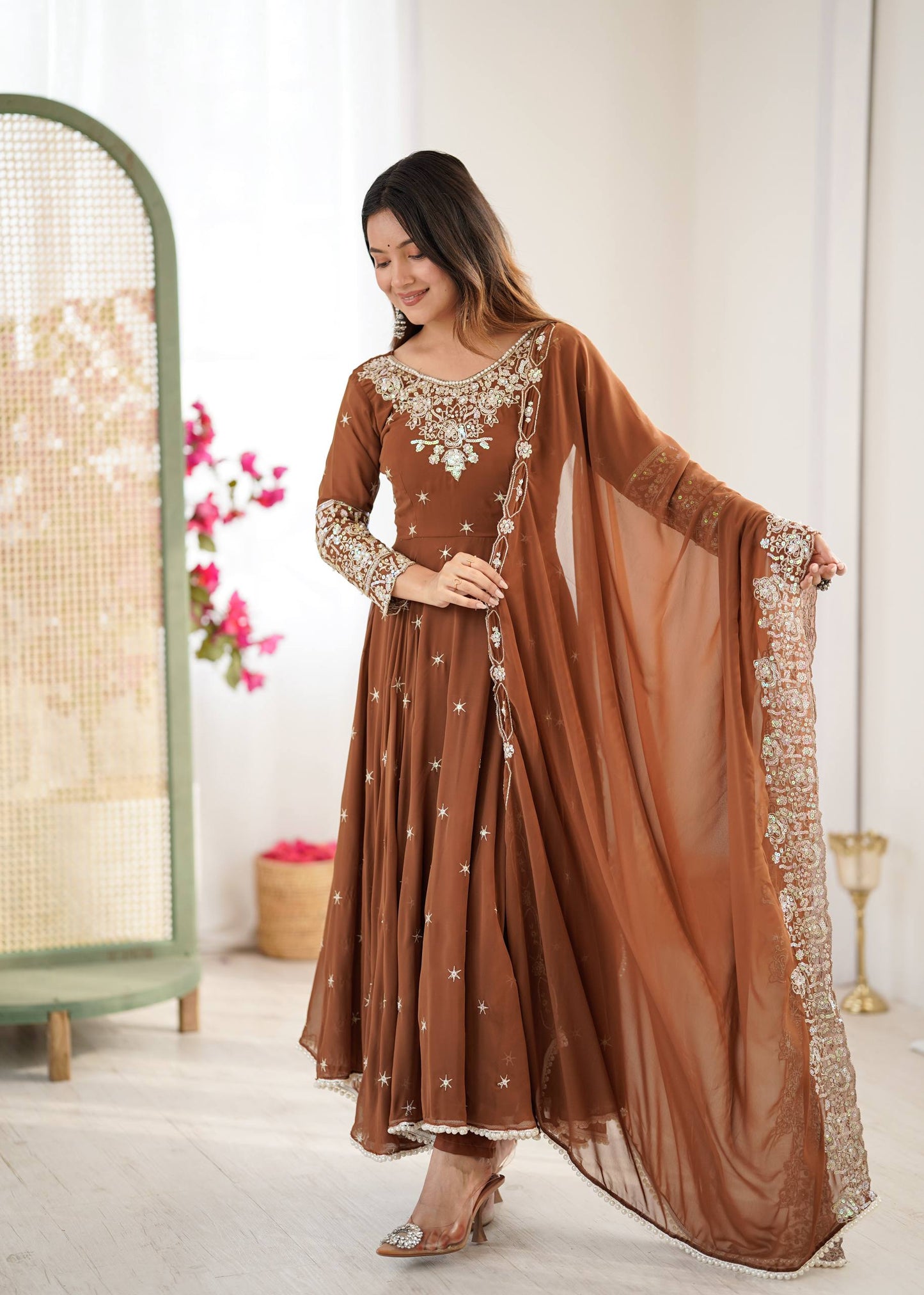 Brown blooming embroidered sequence work gown, bottom & dupatta
