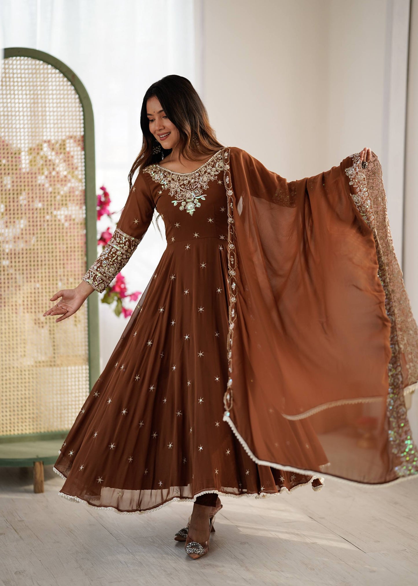 Brown blooming embroidered sequence work gown, bottom & dupatta
