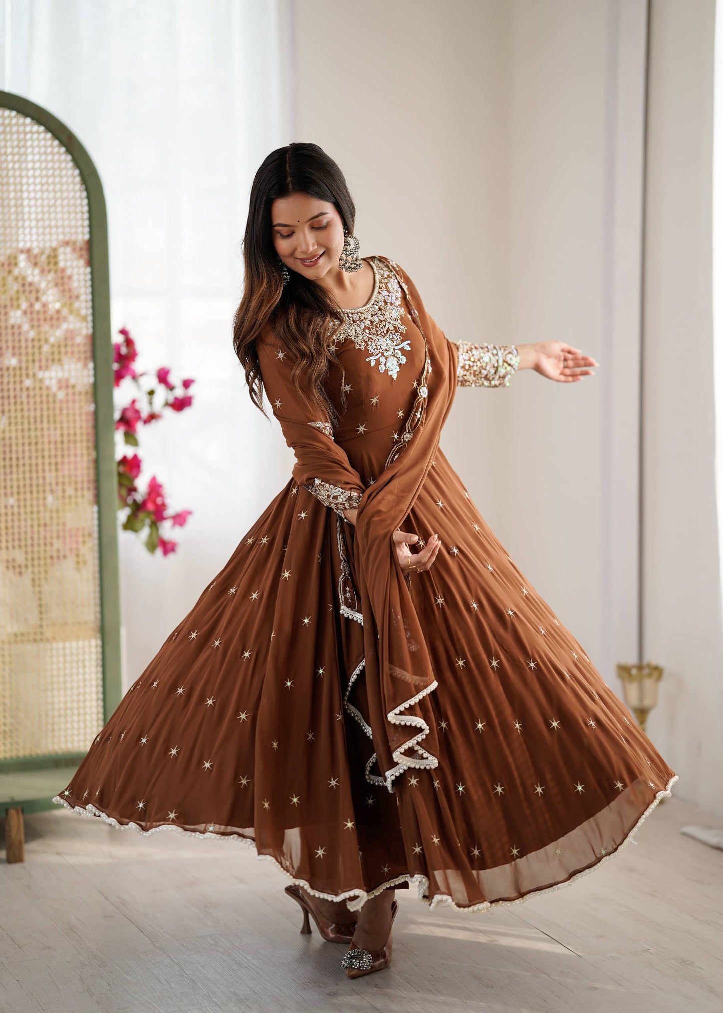 Brown blooming embroidered sequence work gown, bottom & dupatta