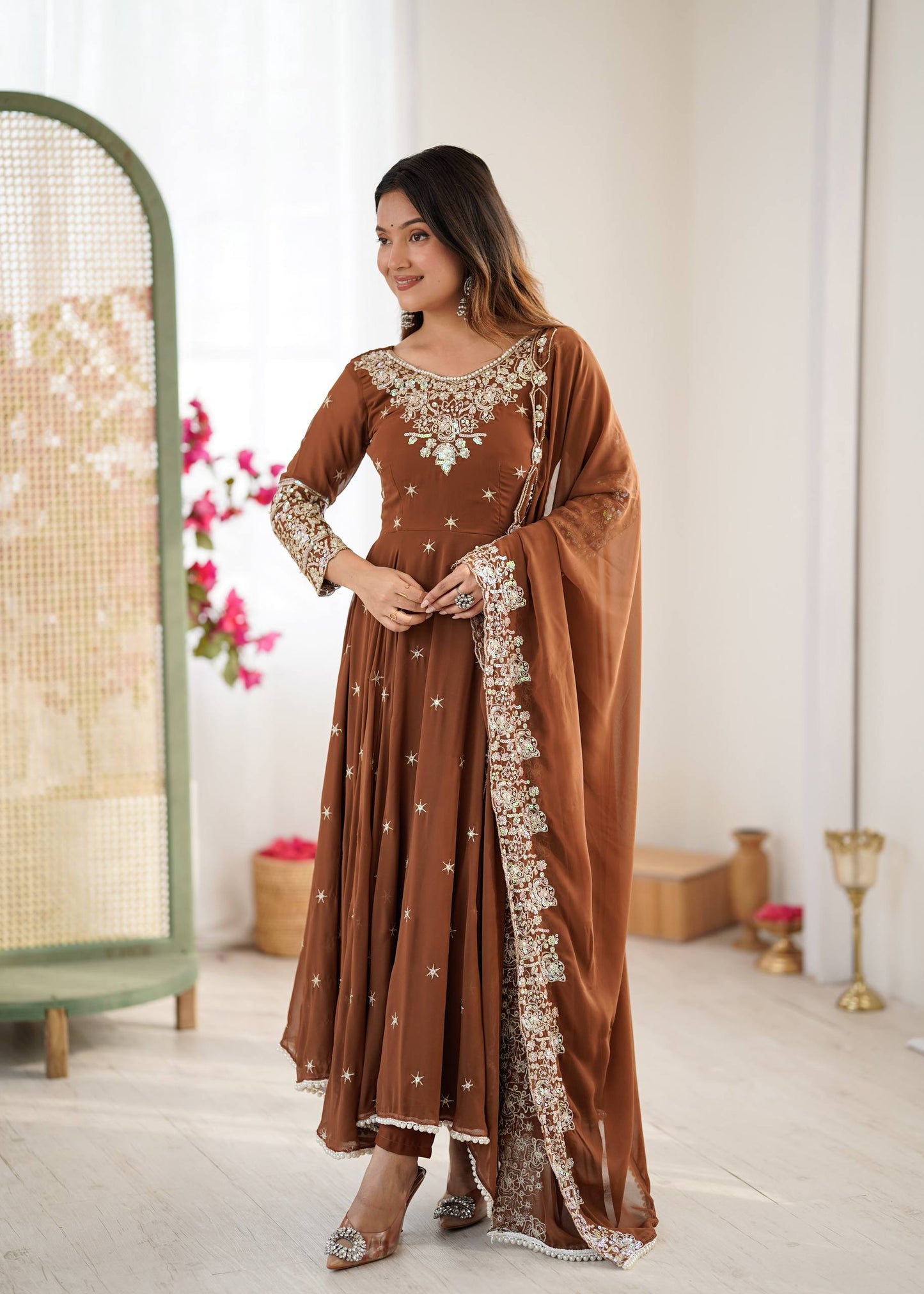 Brown blooming embroidered sequence work gown, bottom & dupatta