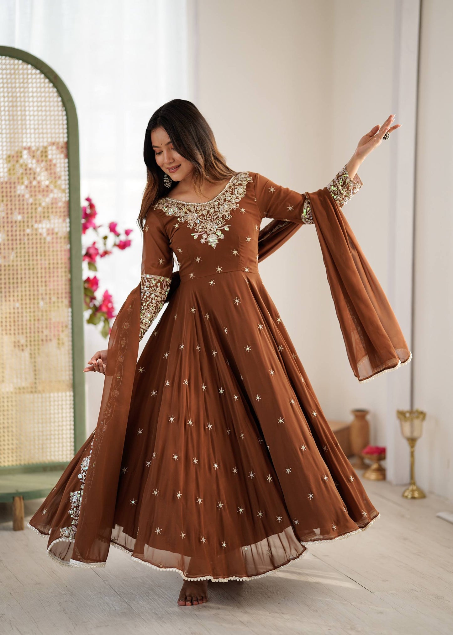 Brown blooming embroidered sequence work gown, bottom & dupatta