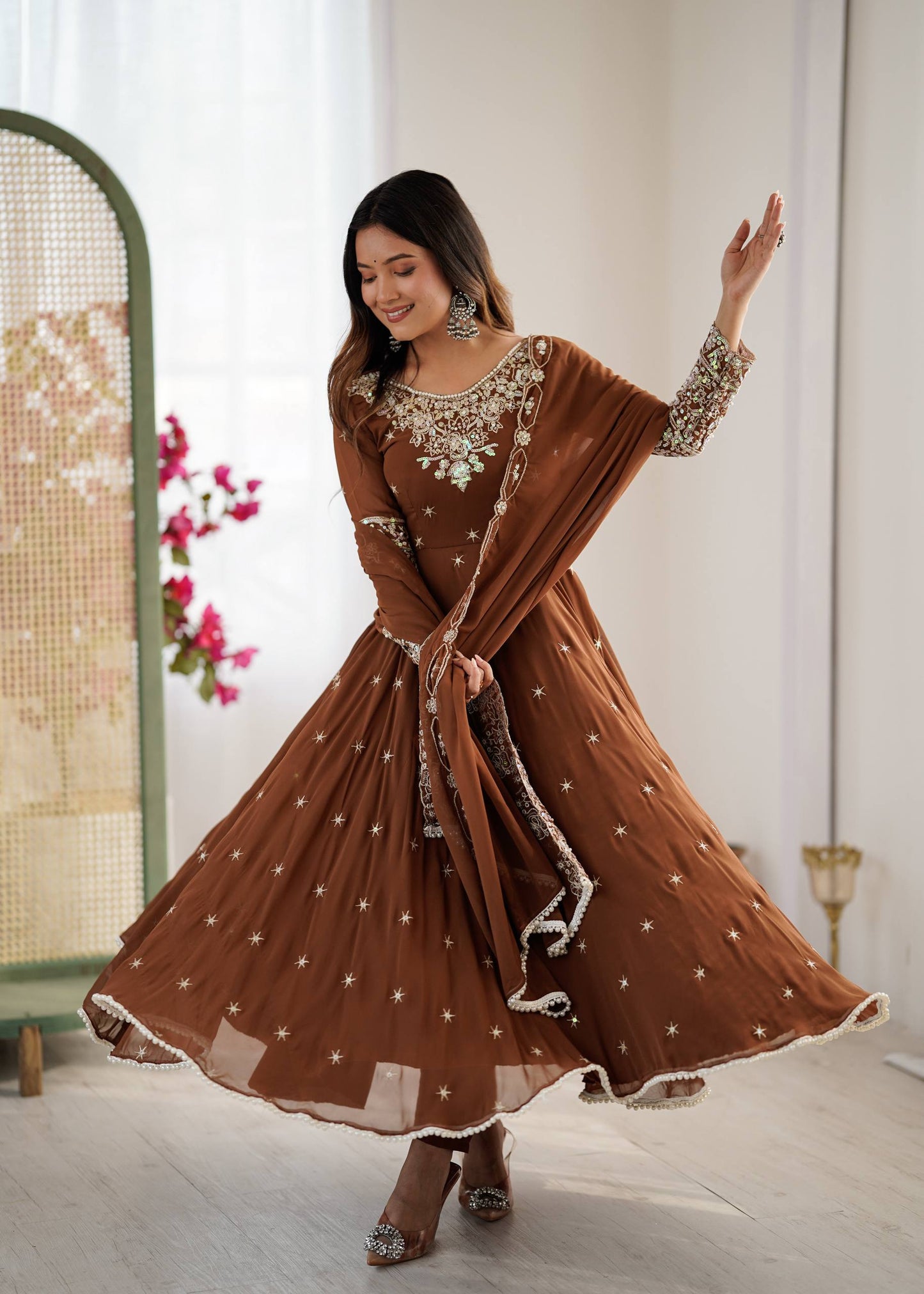 Brown blooming embroidered sequence work gown, bottom & dupatta