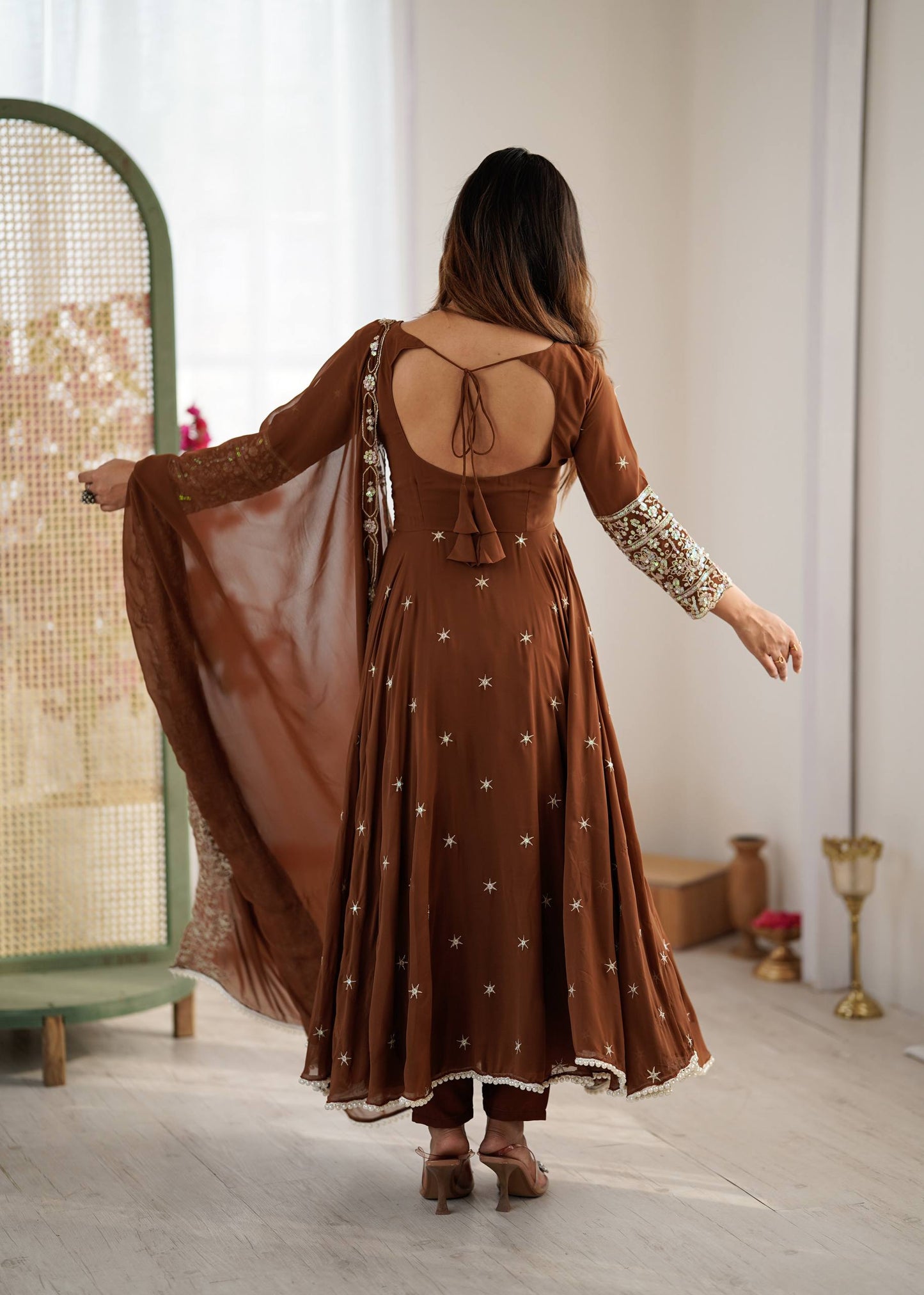 Brown blooming embroidered sequence work gown, bottom & dupatta