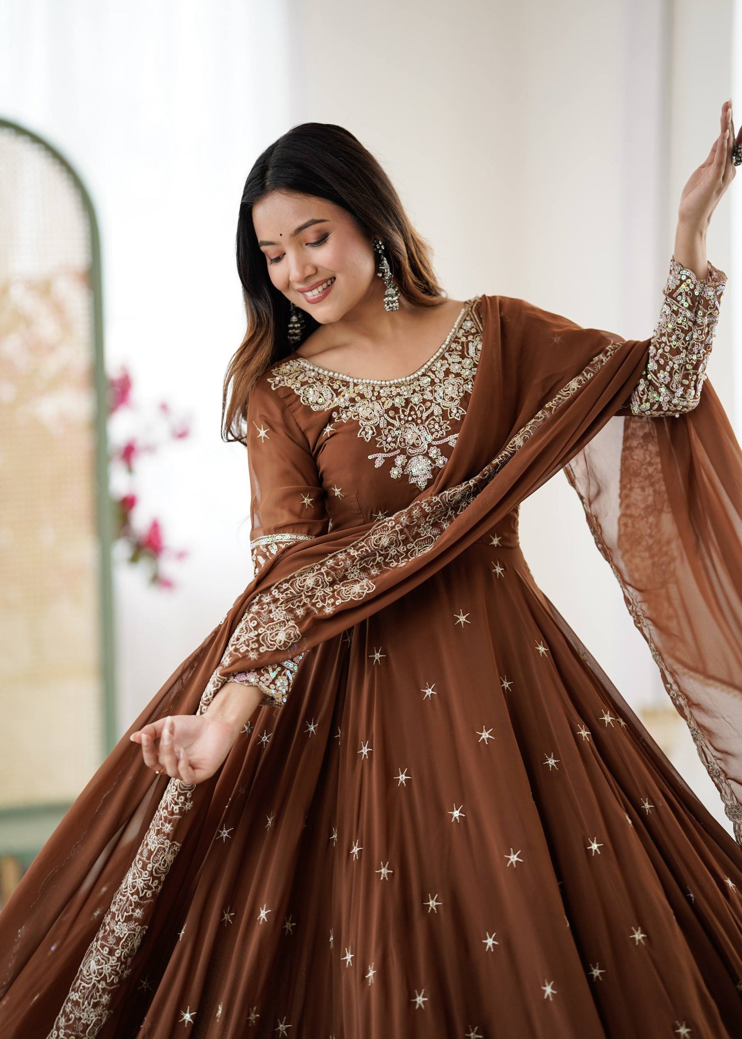 Brown blooming embroidered sequence work gown, bottom & dupatta
