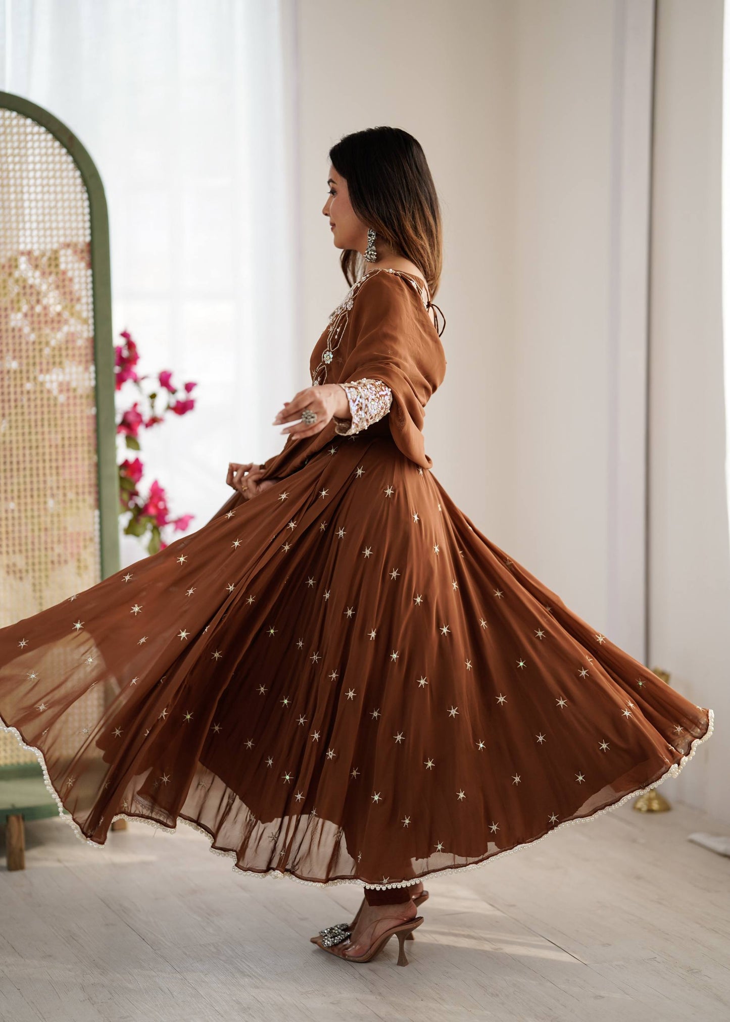 Brown blooming embroidered sequence work gown, bottom & dupatta