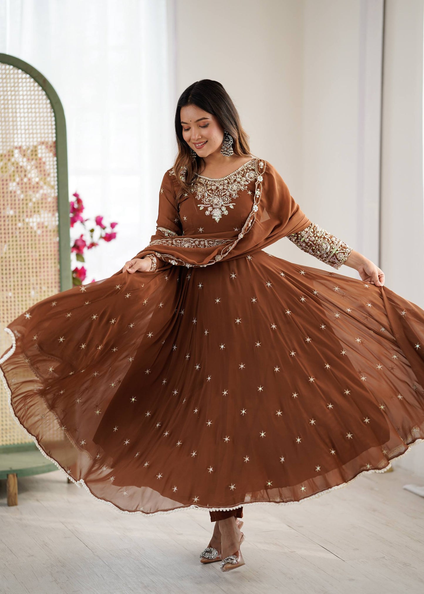 Brown blooming embroidered sequence work gown, bottom & dupatta