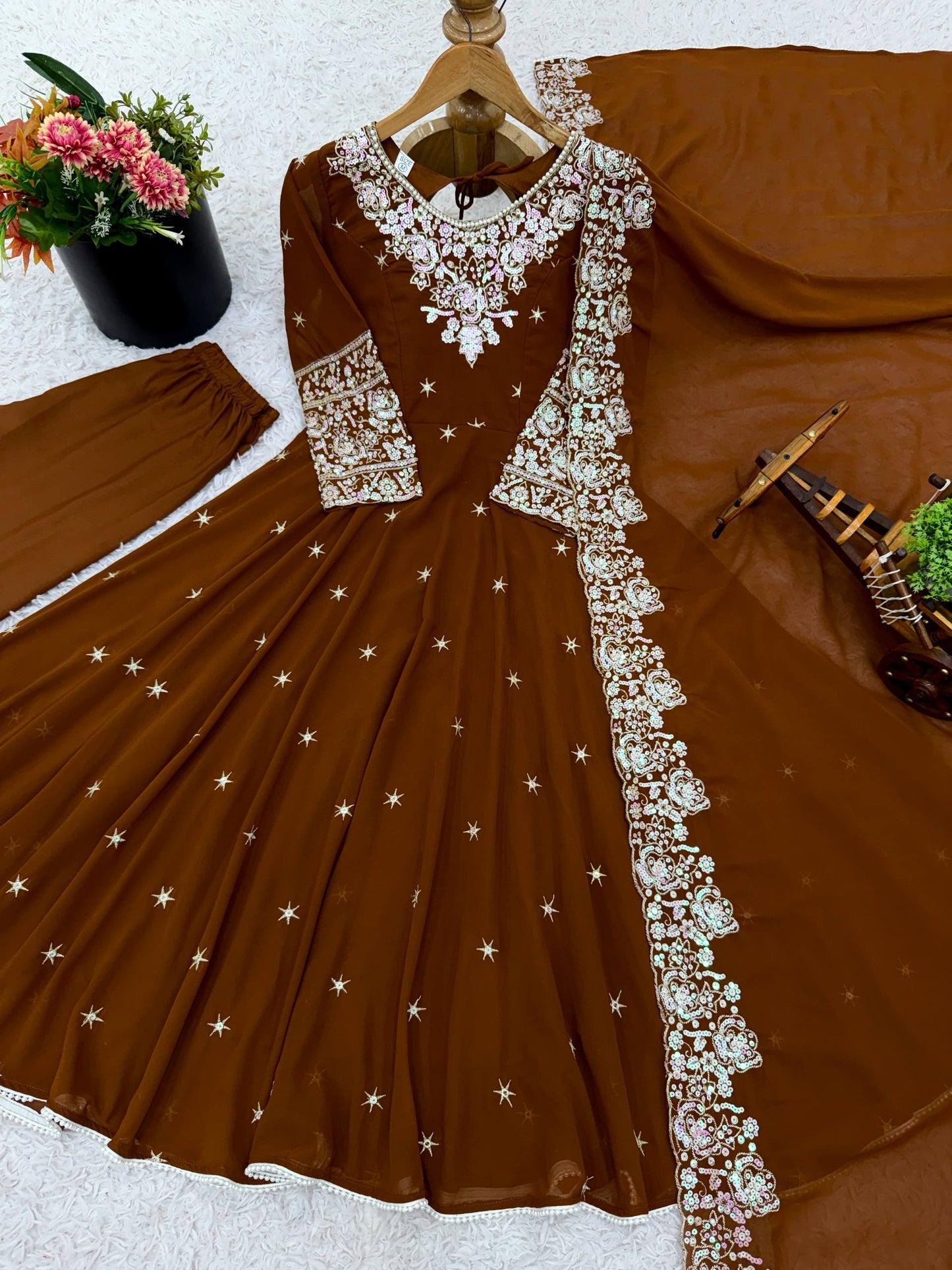 Brown blooming embroidered sequence work gown, bottom & dupatta