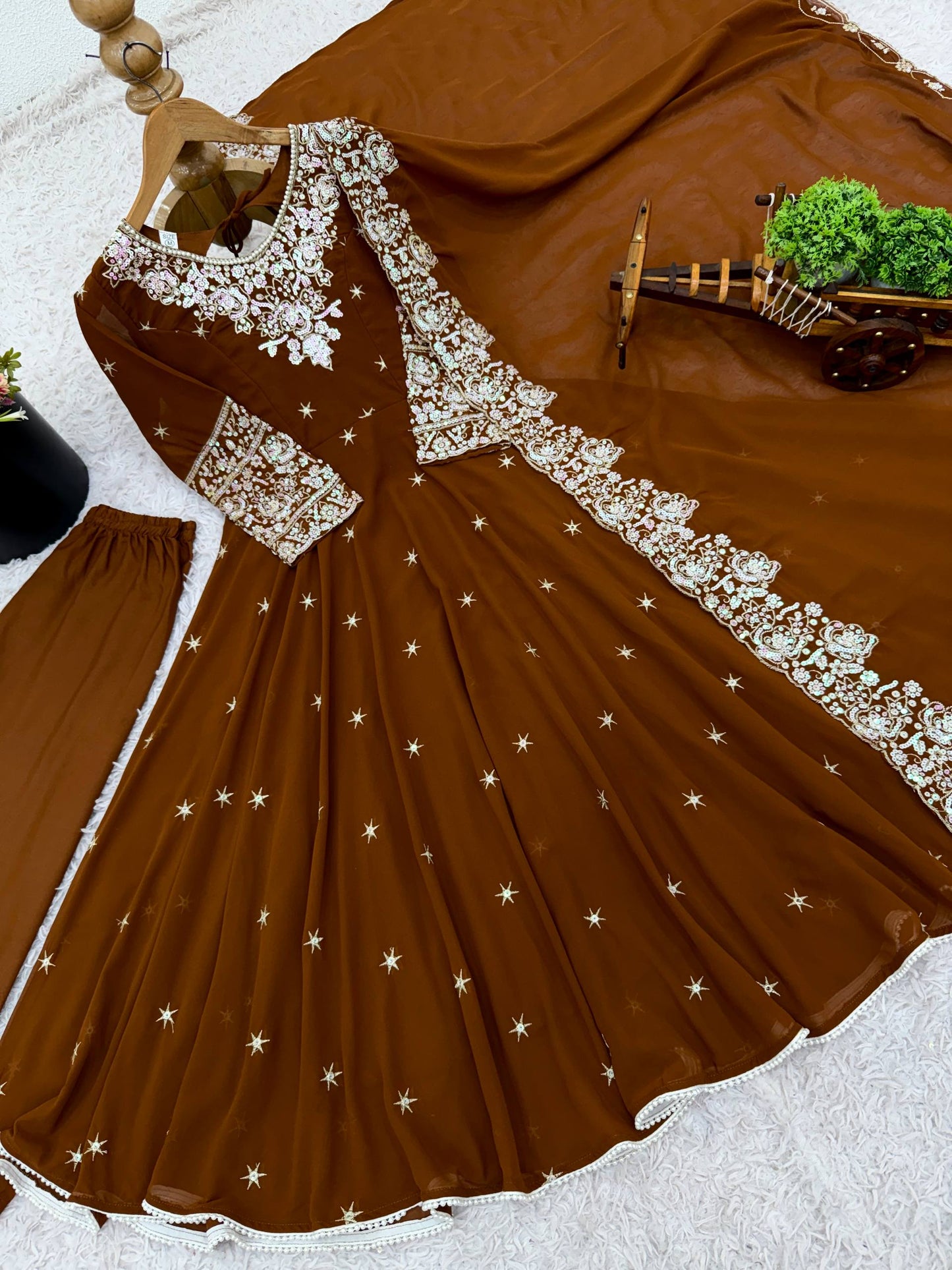 Brown blooming embroidered sequence work gown, bottom & dupatta