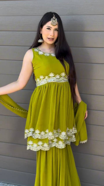 Mehndi foux georgette thread with Sequence top palazzo and dupatta set