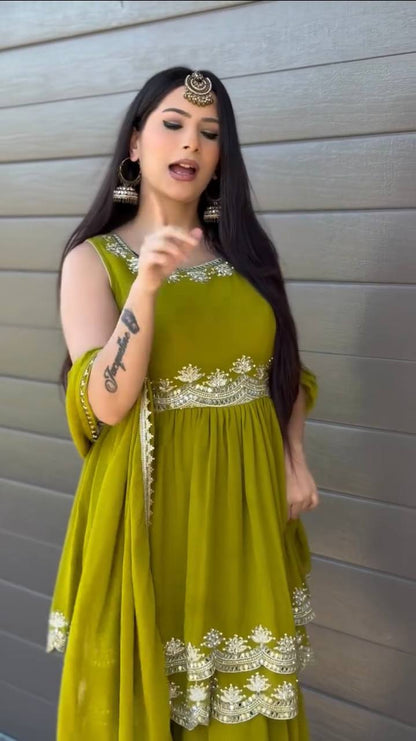 Mehndi foux georgette thread with Sequence top palazzo and dupatta set
