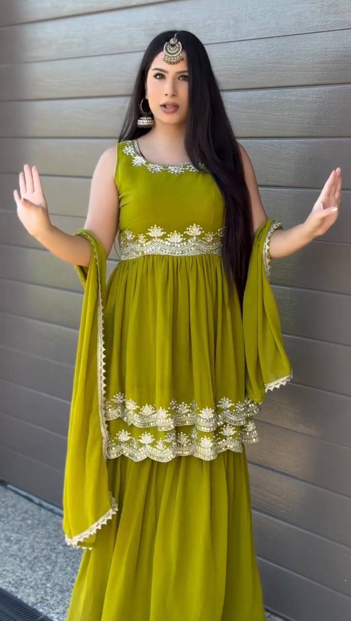 Mehndi foux georgette thread with Sequence top palazzo and dupatta set