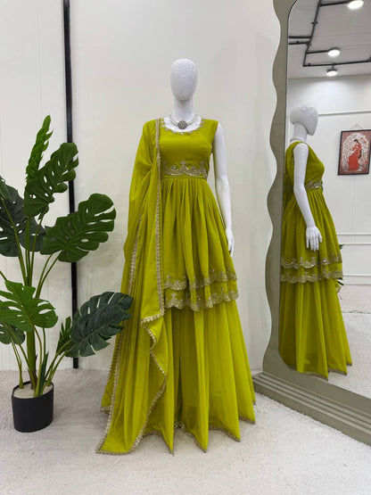 Mehndi foux georgette thread with Sequence top palazzo and dupatta set
