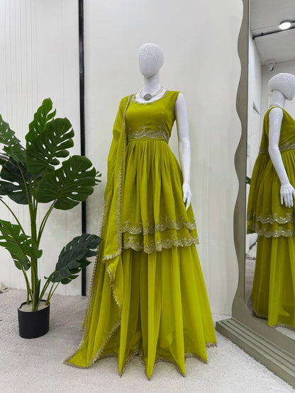 Mehndi foux georgette thread with Sequence top palazzo and dupatta set