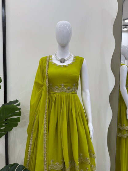 Mehndi foux georgette thread with Sequence top palazzo and dupatta set