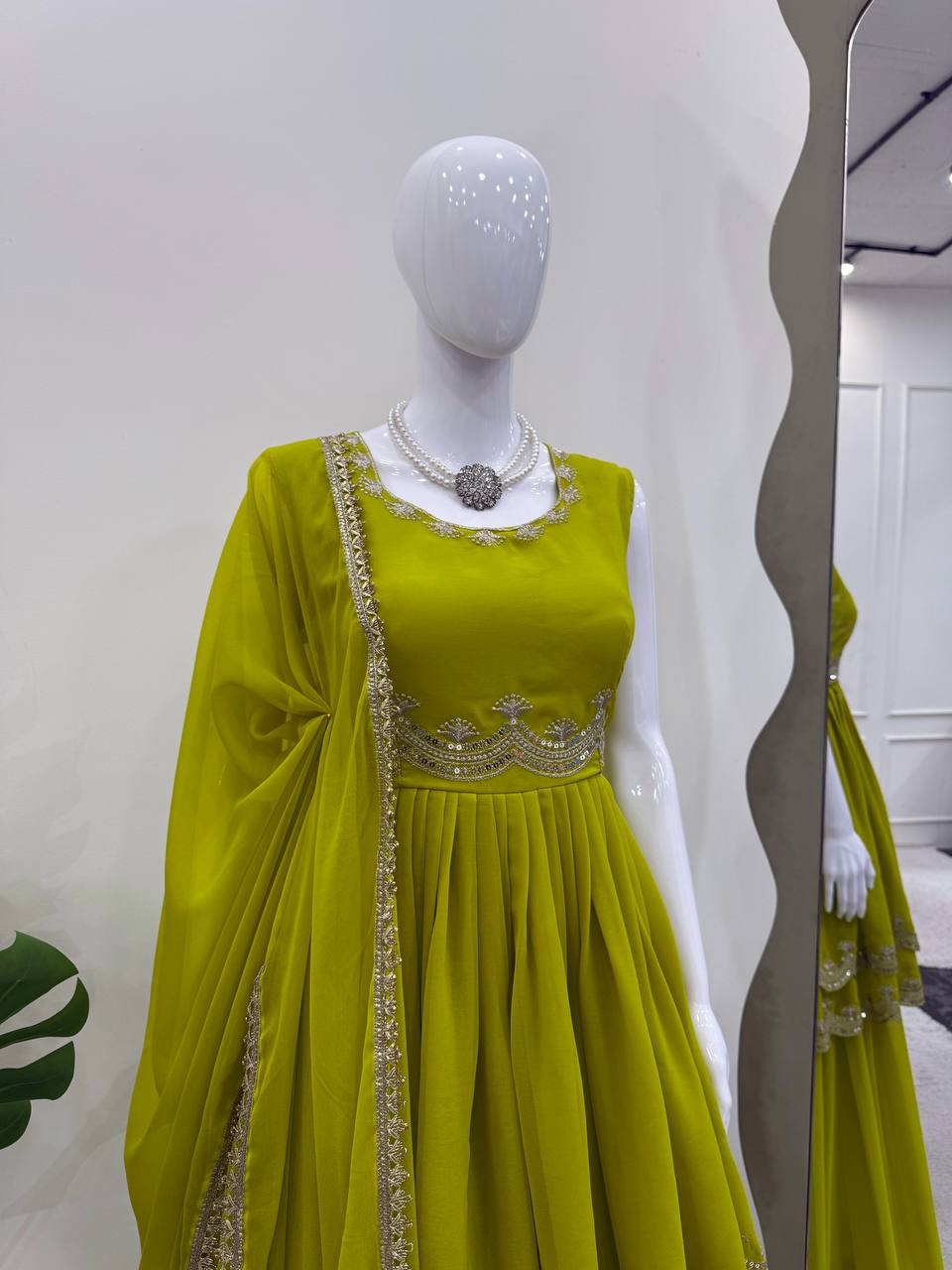 Mehndi foux georgette thread with Sequence top palazzo and dupatta set