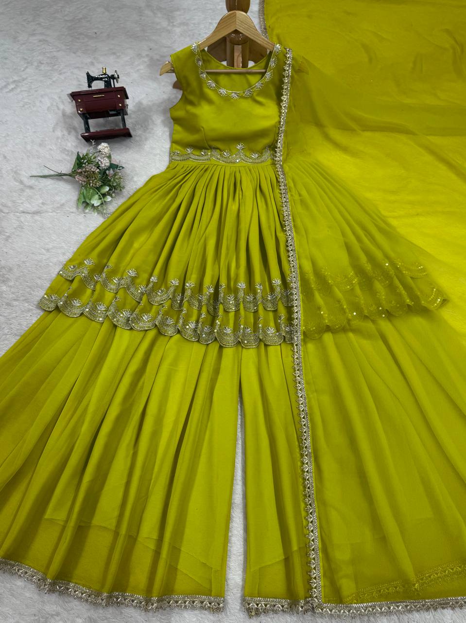 Mehndi foux georgette thread with Sequence top palazzo and dupatta set
