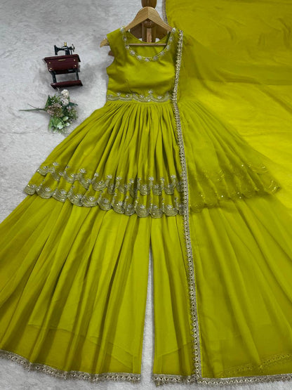 Mehndi foux georgette thread with Sequence top palazzo and dupatta set
