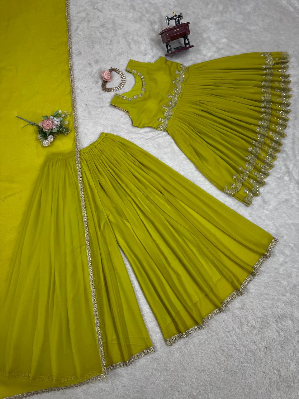 Mehndi foux georgette thread with Sequence top palazzo and dupatta set