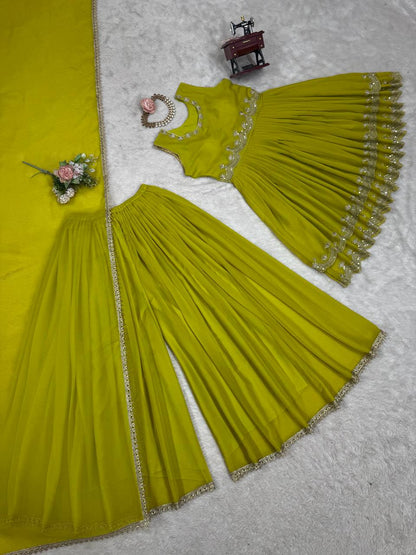 Mehndi foux georgette thread with Sequence top palazzo and dupatta set