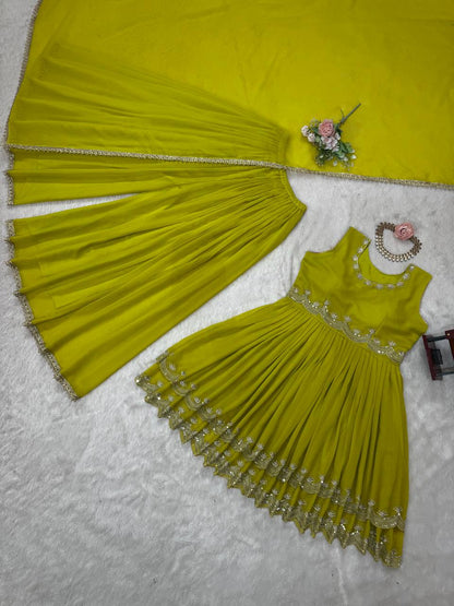 Mehndi foux georgette thread with Sequence top palazzo and dupatta set