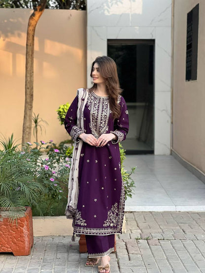 Purple faux georgette sequence embroider top, pant with dupatta set
