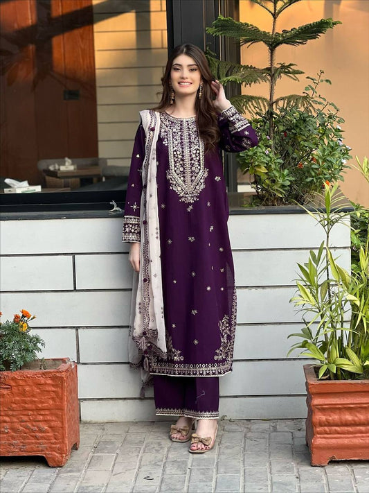 Purple faux georgette sequence embroider top, pant with dupatta set
