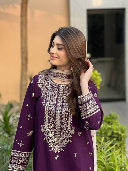 Purple faux georgette sequence embroider top, pant with dupatta set