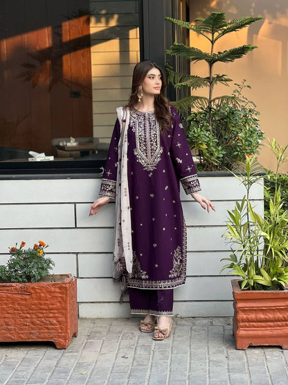 Purple faux georgette sequence embroider top, pant with dupatta set