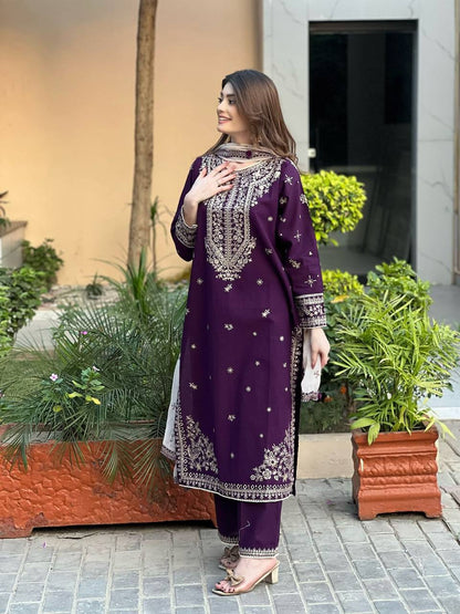 Purple faux georgette sequence embroider top, pant with dupatta set