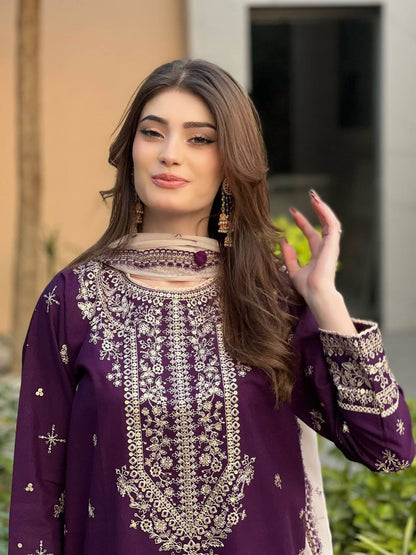 Purple faux georgette sequence embroider top, pant with dupatta set
