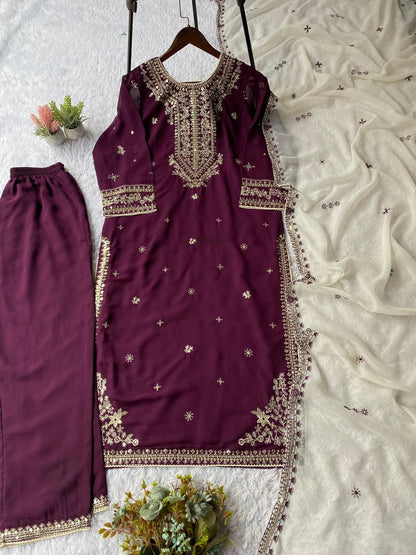 Purple faux georgette sequence embroider top, pant with dupatta set