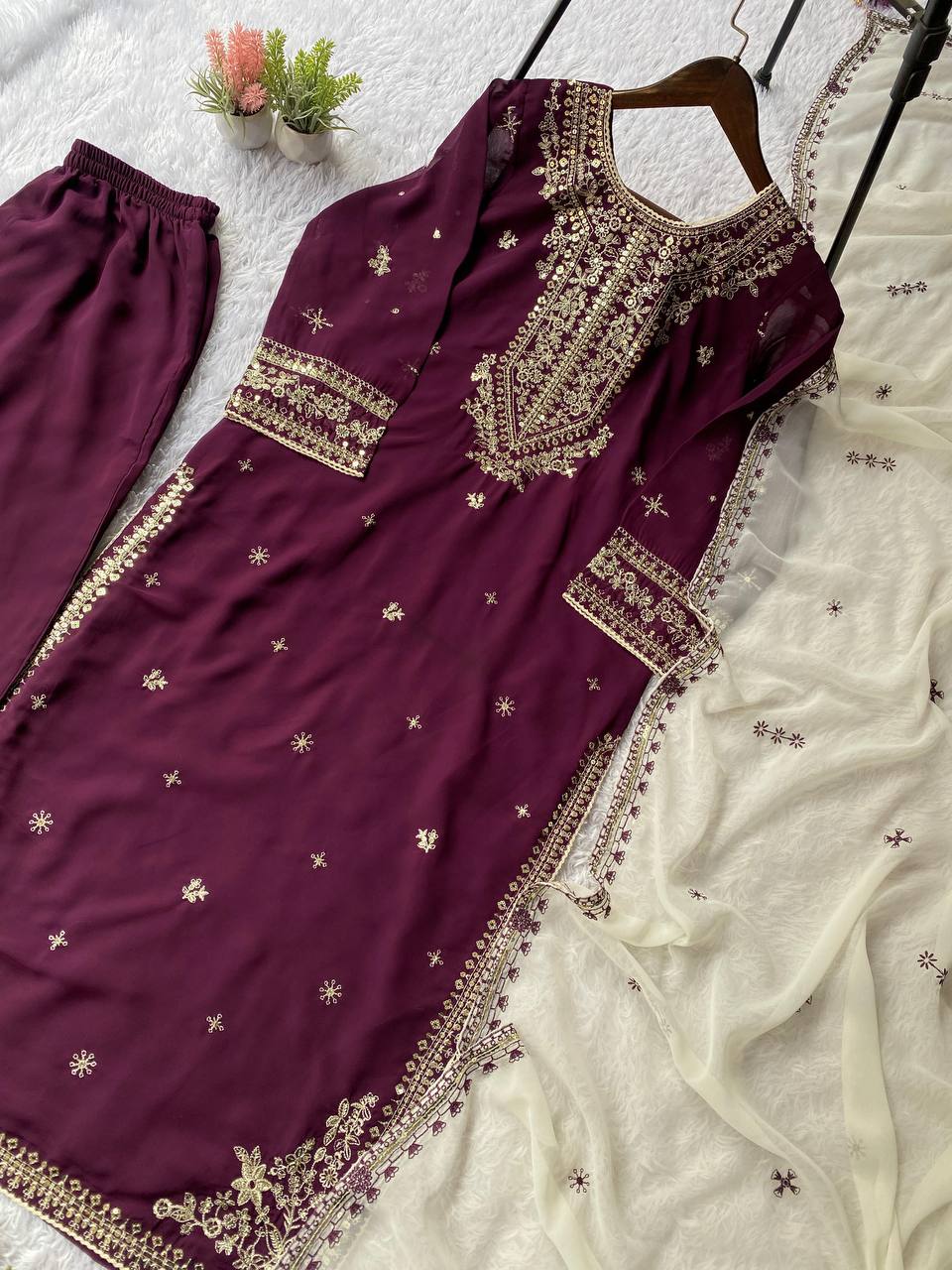 Purple faux georgette sequence embroider top, pant with dupatta set