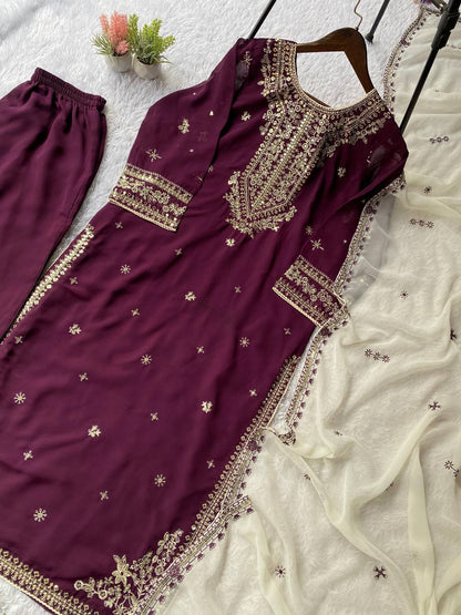 Purple faux georgette sequence embroider top, pant with dupatta set