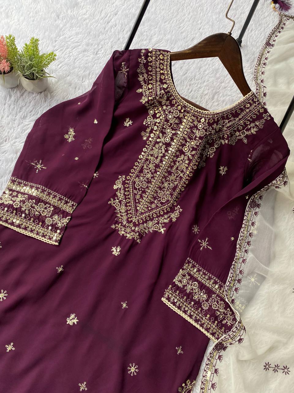 Purple faux georgette sequence embroider top, pant with dupatta set