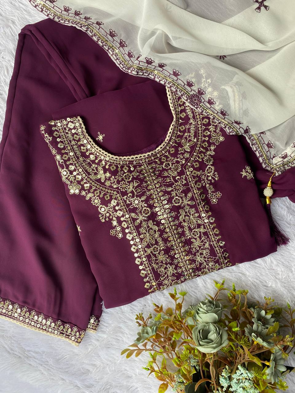 Purple faux georgette sequence embroider top, pant with dupatta set