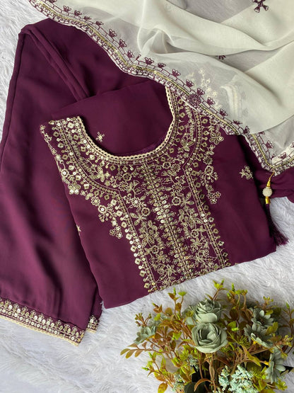Purple faux georgette sequence embroider top, pant with dupatta set