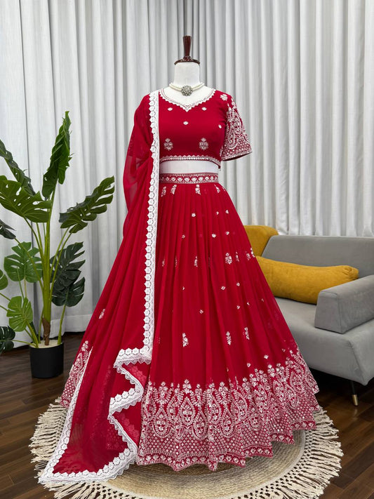 Red foux georgette thread with sequence work lehenga choli