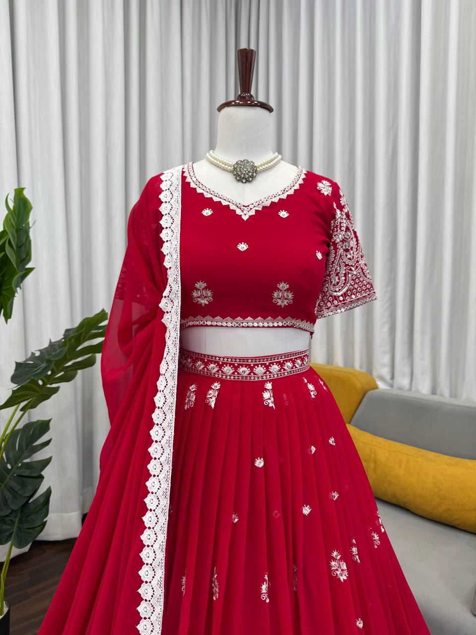 Red foux georgette thread with sequence work lehenga choli