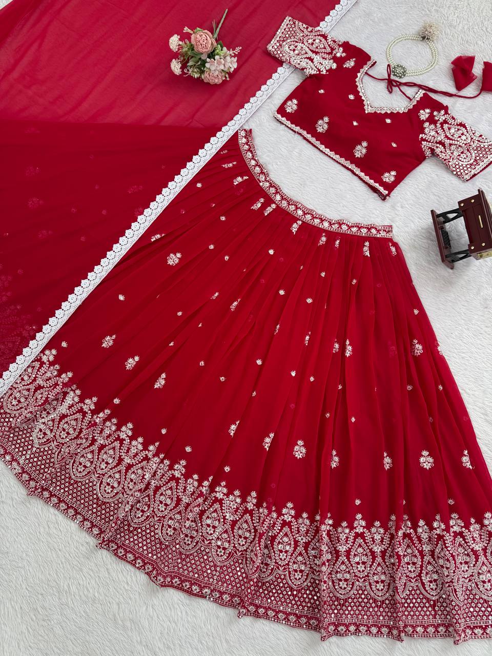 Red foux georgette thread with sequence work lehenga choli