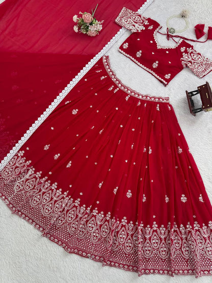 Red foux georgette thread with sequence work lehenga choli